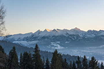 Winter landscape of Tatra Mountains at sunset