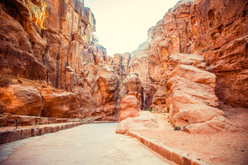 Main entrance to ancient city of Petra through the gorge rocks. Wadi Rum