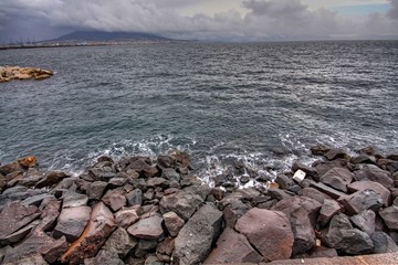 Italy Amalfi Coast and ocean view grey sky rocks