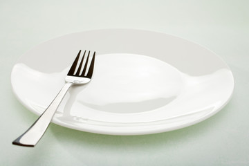 Empty White Plate and Fork on Pale Green Background