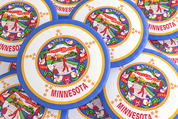 US State Buttons: Pile of Minnesota Flag Badges, 3d illustration