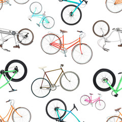 Seamless pattern of different bicycles isolated on a white