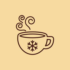 cup of coffee, tea with steam, snowflake, line icon brown on creme