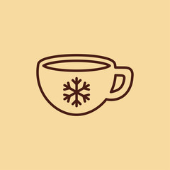 cup of coffee tea with snowflake line icon brown on creme