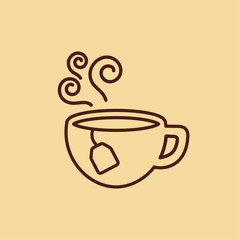 cup of tea with steam hot drink line icon brown on creme