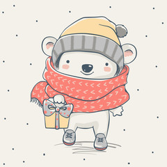 Cute little bear with gift cartoon hand drawn vector illustration. Can be used for baby t-shirt print, fashion print design, kids wear, baby shower celebration greeting and invitation card.