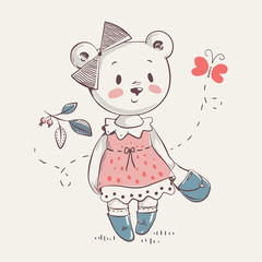 Naklejka premium Cute little bear girl in dress cartoon hand drawn vector illustration. Can be used for baby t-shirt print, fashion print design, kids wear, baby shower celebration greeting and invitation card.