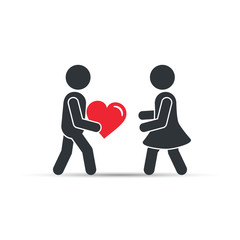 Man giving red heart love to woman icon, vector simple love illustration.