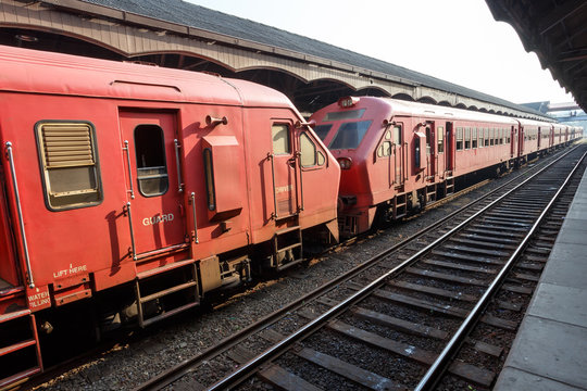 Red train on the railway station in Colombo. Sri Lanka