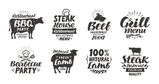 BBQ, barbecue, meat labels. Collection elements for menu design restaurant or cafe. Vector illustration