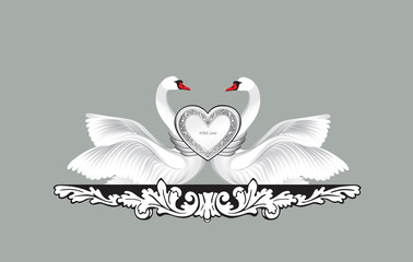 Birds in love with floral decoration. Couple of swans. Two love hearts wed concept