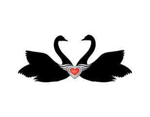 Birds in love with winged red heart decoration. Couple of swans. Wed, bridal, anniversary, St Valentive day greeting card or invitaion