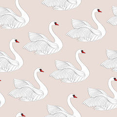  Seamless pattern with white swans. White bird ornamental tile background