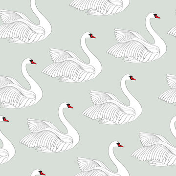  Seamless pattern with white swans. White bird ornamental tile background