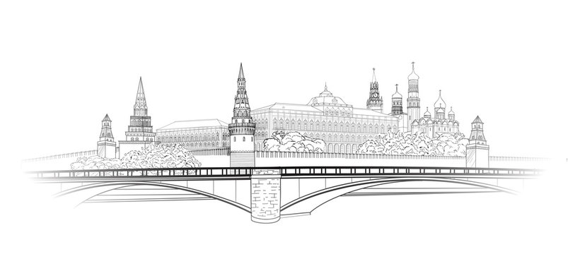 Moscow Kremlin view sketch. City buildings engraving illustration. Russian famous cityscape