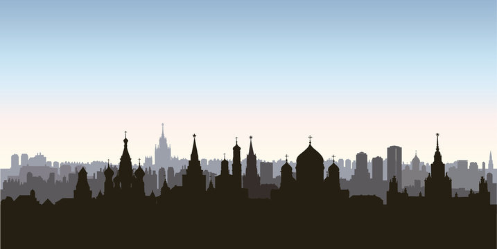 Moscow city buildings silhouette. Russian urban landscape. Moscow cityscape with landmarks