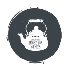 Hand-drawn vintage kettle. Sketch style. illustration. T-shirt print. Poster. Black or green tea. Party.