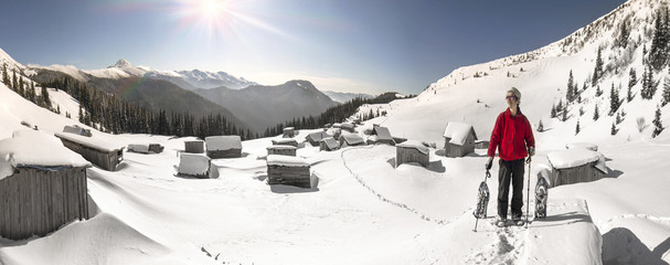 Snow-covered houses in the Carpathians