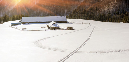 Snow-covered houses in the Carpathians