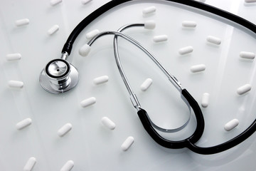 Doctor's Stethoscope and Prescription Pills for heart medication
