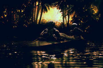 Two special forces operators paddling in the military kayak in the jungle at dawn without drawing...