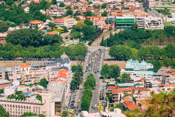 Fototapeta premium Tbilisi Georgia. Aerial View Of Baratashvili Bridge Over Kura Ri
