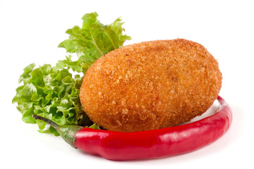 fried breaded cutlet with lettuce isolated on white background