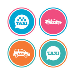 Public transport icons. Taxi speech bubble signs.