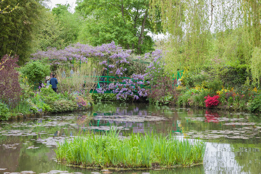 Giverny, France - May 9: Bridge with purple flowers in Claude Monet's house and gardens, a famous house of impressionist painter Claude Monet in Giverny located  80 km (50 mi) from Paris. 