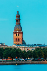 Fototapeta na wymiar Riga Latvia. View Of Tower Of Riga Dome Cathedral Behind Daugava