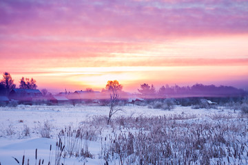 winter rural landscape with sunrise and fog