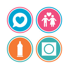 Condom safe sex icons. Lovers couple sign.