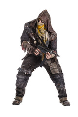Nuclear post apocalypse life after doomsday concept. Grimy survivor with homemade weapons. Studio...