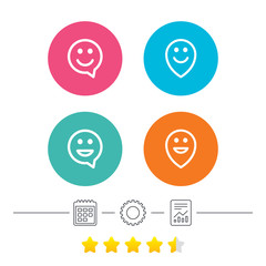Happy face speech bubble icons. Pointer symbol.