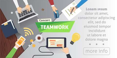 Business people team scene Teamwork in modern office. Group of businessman working in table. Flat design style vector illustration