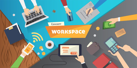 Workplace with person working on laptop watching video player, concept of webinar, business online training, education computer, e-learning vector illustration
