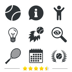 Tennis ball and racket icons. Laurel wreath.