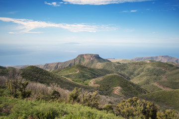 Fototapeta na wymiar La Gomera landscape viewed from the highest point of the island,