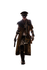 Nuclear post apocalypse life after doomsday concept. Grimy female survivor with homemade weapons. Studio portrait silhouette on white background