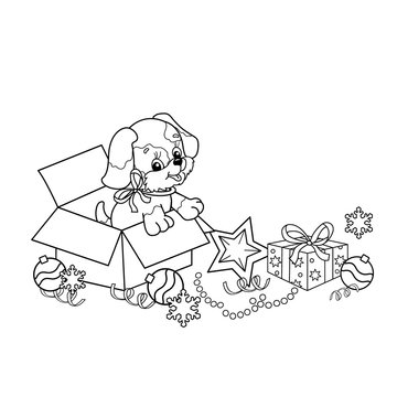 Coloring Page Outline Of Christmas tree with ornaments and gifts with puppy. The year of the dog. Christmas. New year. Coloring book for kids