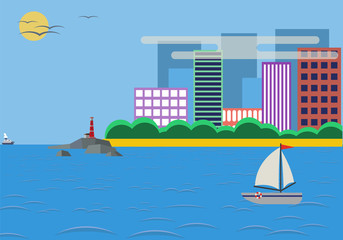 Lighthouse Daylight Landscape With Town 