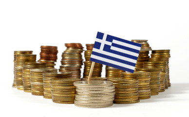 Greece flag waving with stack of money coins