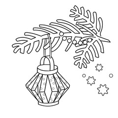 Coloring Page Outline Of Christmas decoration. Paper flashlight. Christmas tree branch. New year. Coloring book for kids