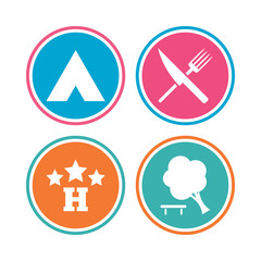 Food, hotel, camping tent and tree signs.