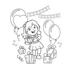 Coloring Page Outline Of cartoon girl with a gift at the holiday. Birthday. Coloring book for kids
