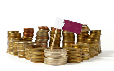 Qatar flag waving with stack of money coins