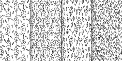 Vector seamless pattern set. Linear graphic design. Decorative outlined leaves. Floral background with elegant botanical motif. Modern stylish ornament.