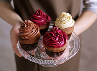 Woman holding glass stand with tasty chocolate cupcakes, close up