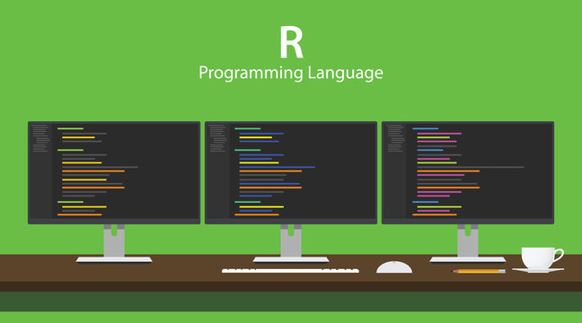 Illustration Of R Programming Language Code Displayed On Three Monitor In A Row At Programmer Workspace