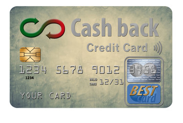 Cash back credit cards reward the user with cash returned for using the card to make purchases. Here is a mock, generic cash back card isolated on the background.